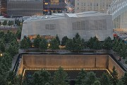 9/11 museum: elevated southern view at dusk with southern memorial-pool, total