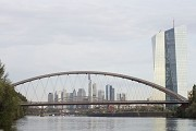 The East Harbour Bridge forms Frankfurt's eastern city entrance for shipping, on right the EZB