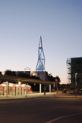 Phänomenta: illuminated tower seen from railway-station