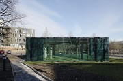 glass-cladded textile-concrete pavillon: Southern view and footway
