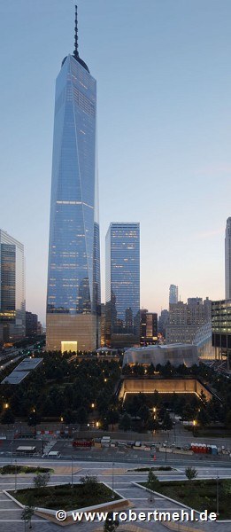 Liberty Park: 9/11 Memorial joint and One World Trade Center at dusk